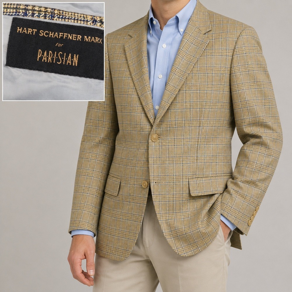 Hart Schaffner Marx Blazer Mens 46R Tan Blue Glen Plaid Wool Sport Coat Classic
